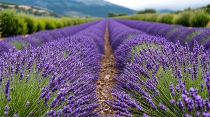 Rows of blooming lavender stretch across the landscape during summer. The vibrant purple flowers contrast beautifully with the greenery and mountains in the background
