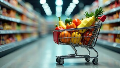 Full shopping cart overflowing with groceries, packed, vegetables