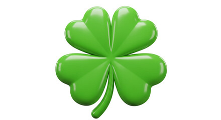 Fototapeta premium A glossy green four leaf clover with a stem isolated on a white background in a close up shot