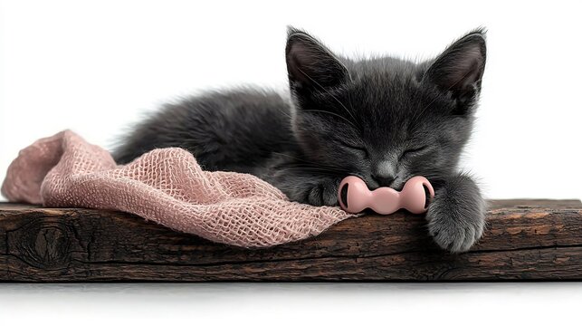 Gray kitten resting on wooden plank with pink toy - Powered by Adobe