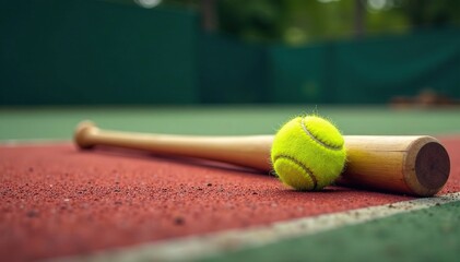 Baseball bat resting on court line, ball nearby, failure, losing