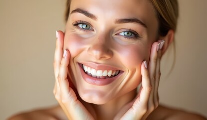 Young woman with glowing healthy skin holds hands on face in contemplative pose, showcasing natural beauty and radiant complexion with soft lighting and neutral background