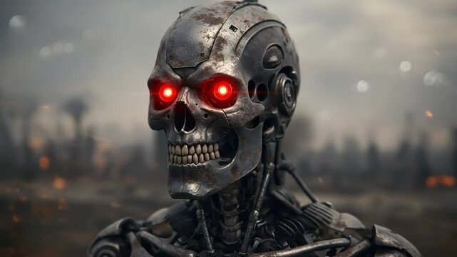 Futuristic robot head against damaged cityscape