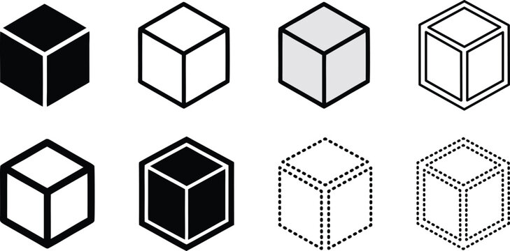 Cube 3d box icon. Three-dimensional cube shape in flat. Linear and dotted style cube shape. Cube icon vector illustration