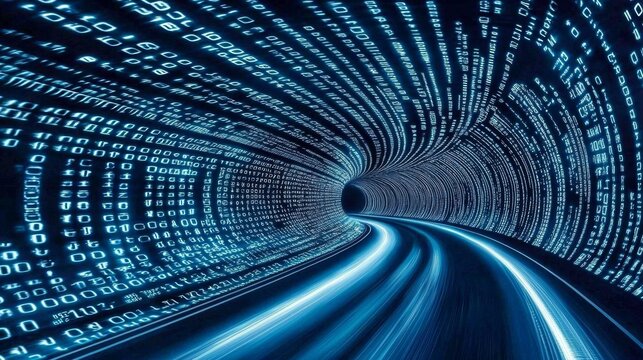 Glowing binary code illuminates the tunnel walls.