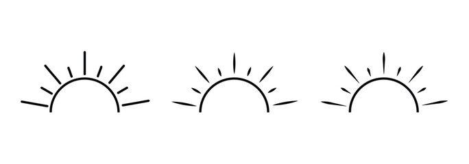 Minimalist black line icon of sun rising or sunset setting over ocean waves, isolated on white background, symbol of travel, peace and nature. Daylight business concept. Sun icon in flat style. 