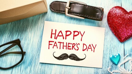 Father's Day Gift Photography, Light Blue Wooden Background with Brown Gift Box, Black Leather Belt and Red Glitter Heart, Minimalist Greeting Card Template, Corporate Event Decoration