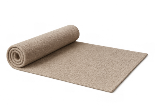 Rolled beige carpet revealing plush texture, neutral flooring material with transparent backdrop, showcasing soft interior design element