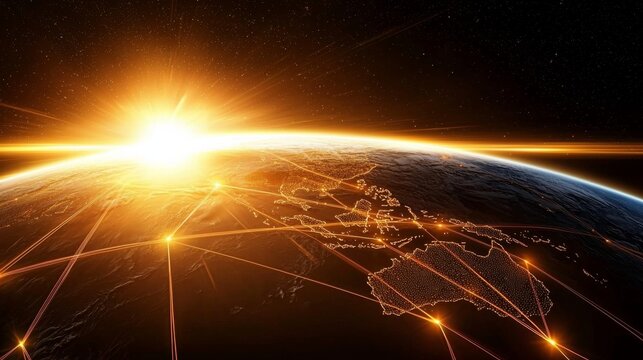 A stunning digital rendering of Earth from space at sunrise.