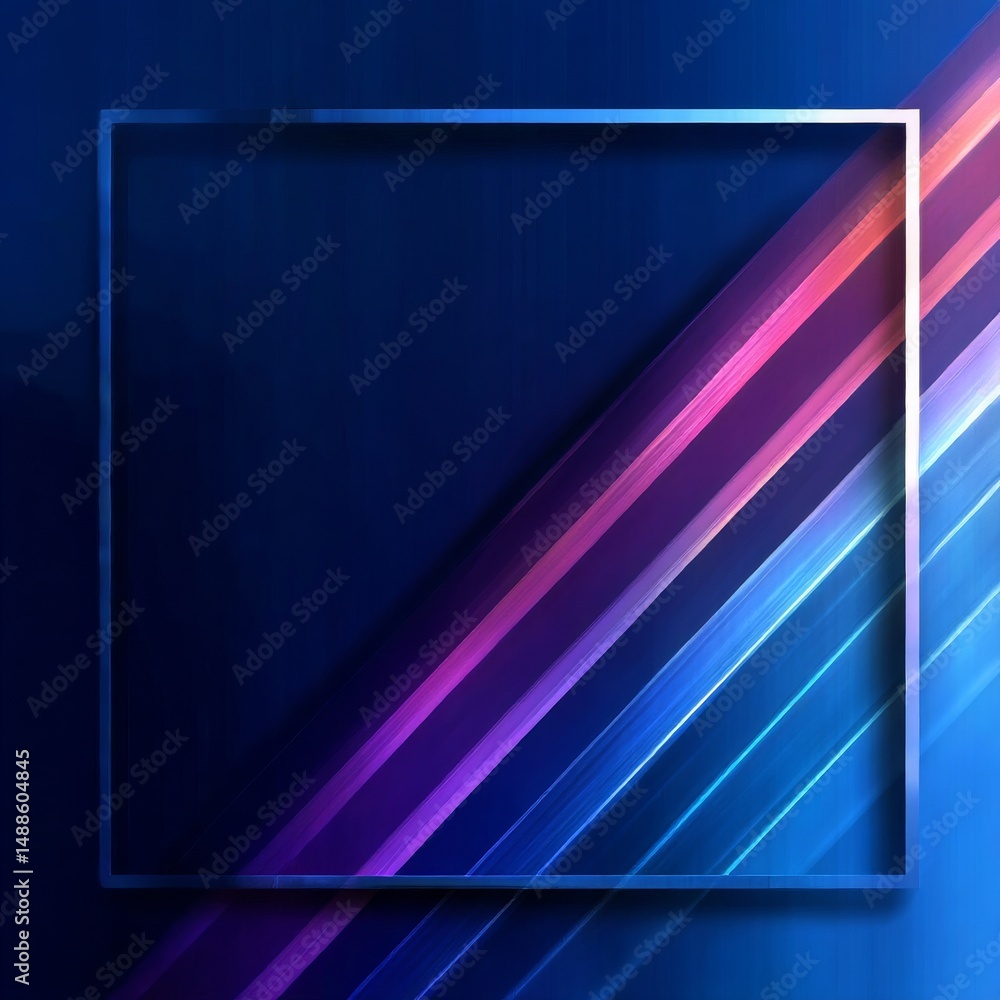 Poster abstract modern frame on blue gradient background with diagonal light streaks of pink, purple and bl