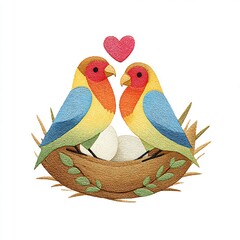 Lovebirds in nest with heart eggs on white bg