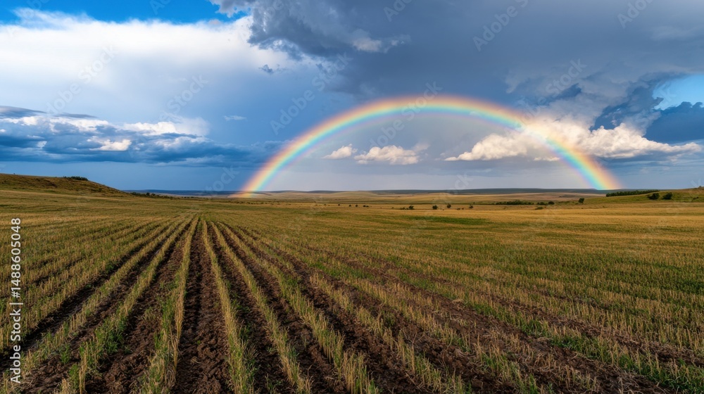 Poster a stunning rainbow arcs over vast agricultural fields with freshly plowed rows after recent rainfall