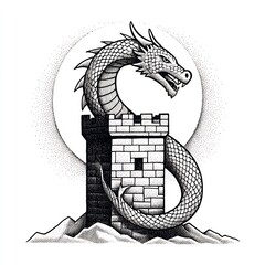 Ancient dragon curled around castle tower