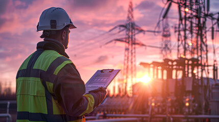 A worker in safety gear inspects a power station at sunset, checking notes on a clipboard amid electrical infrastructure.