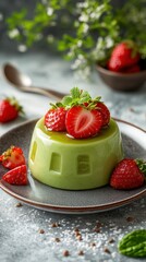 Fresh strawberry panna cotta topped with mint leaves sits elegantly on a gray plate surrounded by strawberries in a cozy setting