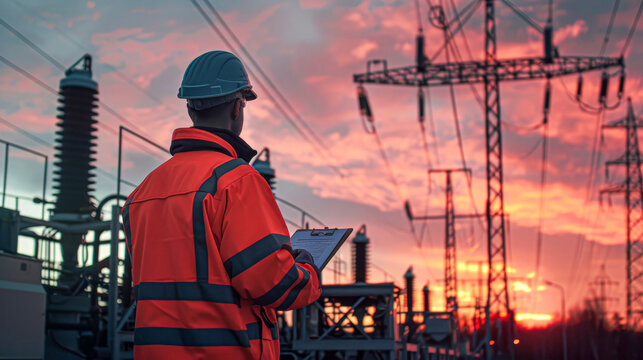 A utility worker inspects power lines at a substation during sunset, wearing safety gear and holding a clipboard.