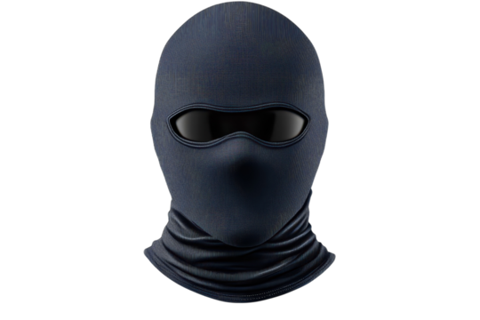 An ominous balaclava evoking feelings of mystery and anonymity against the shadows of a on transparent background