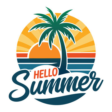 Colorful summer beach sunset palm tree circle logo or sticker design element