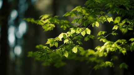 Fototapeta premium Sunlight filtering through fresh green leaves in spring forest