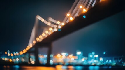 Suspension bridge lights creating bokeh effect at night with city skyline in background