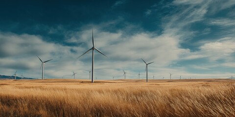 Golden field of tall grass under a partly cloudy sky, dotted with wind turbines generating clean energy. A picturesque landscape of renewable energy.