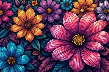 Intricate line art blossoms, geometric arrangement, continuous backdrop , geometric floral, continuous, simple