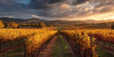 Fototapeta premium Golden hour sunlight bathes rows of grapevines in autumnal hues, creating a picturesque vineyard scene.