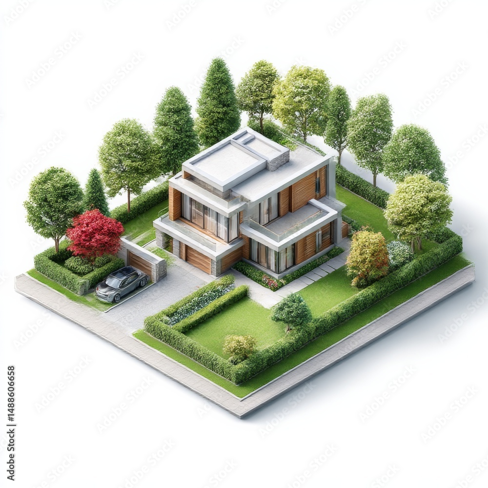 Aufkleber isometric view of a modern house surrounded by lush greenery, highlighting architectural design and 