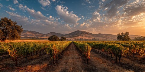 Fototapeta premium Serene vineyard at sunset, rows of grapevines stretching towards the distant hills under a vibrant sky.