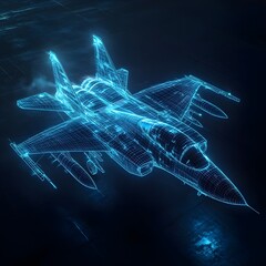 A digital wireframe hologram of a fighter jet on a dark tarmac, glowing blue with detailed lines, showcasing modern aerospace design	