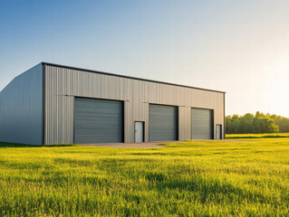 Obraz premium Warehouse on Grassy Field: A modern warehouse structure stands tall against a clear blue sky, its metallic facade reflecting the sunlight.