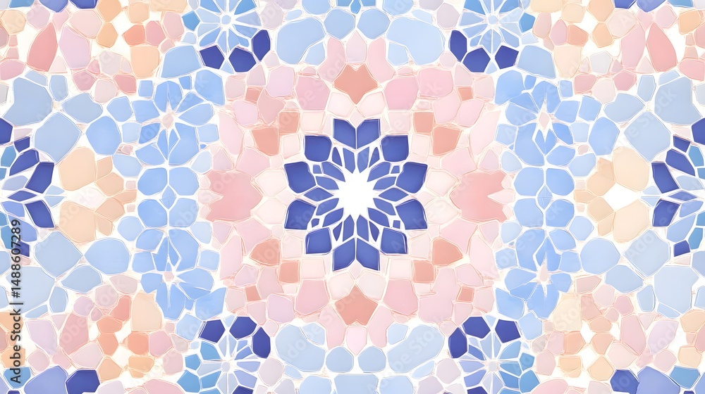 Poster pastel mosaic pattern background with repeating floral design and geometric shapes
