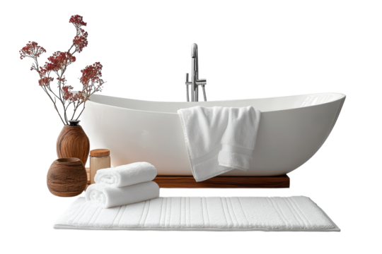 Envision luxurious relaxation A modern freestanding bathtub adorned with fresh towels and on transparent background