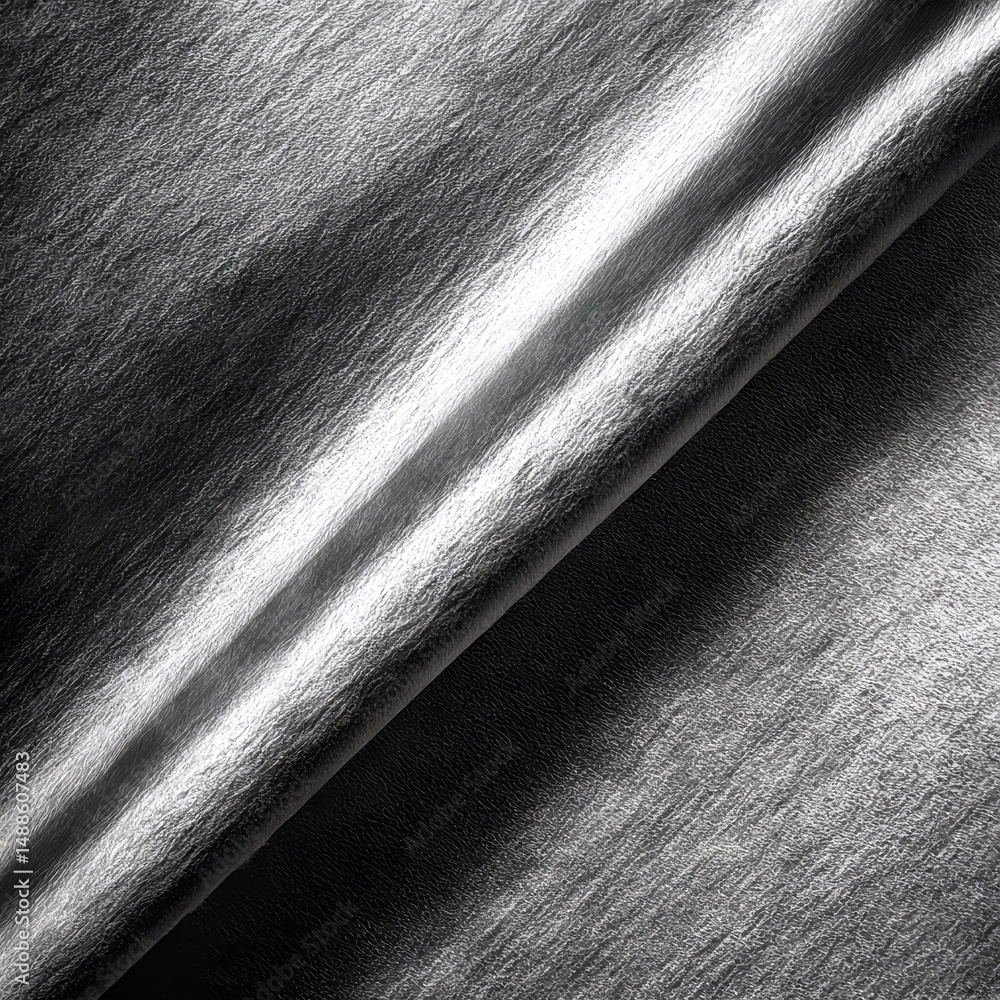 Poster silvery metallic fabric texture: abstract monochromatic close-up of soft draped material with lines 