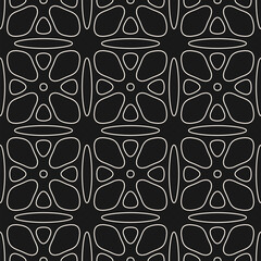 Subtle minimal seamless pattern. Stylish black and white outline vector geometric floral ornament. Abstract background texture with flower silhouettes, leaves, thin lines. Repeating dark linear design