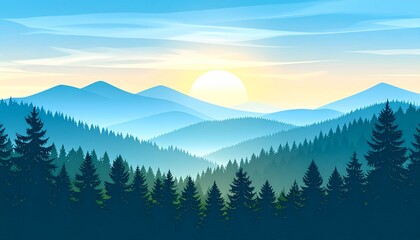 Obraz premium Tranquil Mountain Landscape at Sunrise with Lush Green Forest and Soft Blue Pastel Skies in the Background