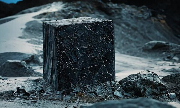 A solitary dark stone cube sits amidst a rugged, rocky landscape under a cloudy sky