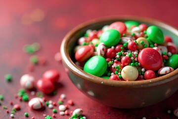 Red and green candy in a ceramic bowl, festive sprinkles , decorations, ornaments, confectionery
