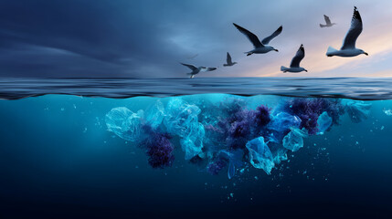 Plastic trash in the ocean. Environmental pollution. sea is covered in plastic and dead sea creatures. global problem, threat ocean wildlife and calling for urgent action to protect the environment.