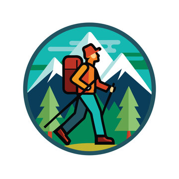 hiker walking mountains badge design clip art preview