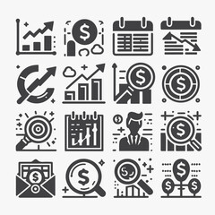 Business Plan Icon Set – Black and White Line Style, Strategy and Planning Symbols