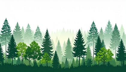 Lush Green Forest Landscape with Various Trees in Different Shades of Green Against a Soft Misty Background