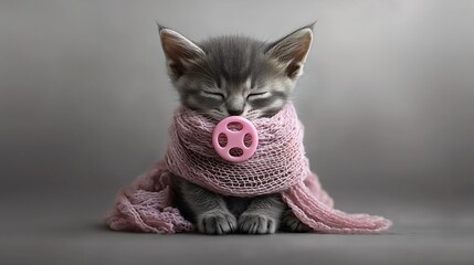 Tiny kitten wrapped in a pink scarf,  pacifier