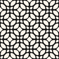 Vector black and white floral ornament. Abstract geometric seamless pattern with flower silhouettes, leaves, grid, lattice, mesh. Elegant monochrome background in oriental style. Repeating geo design
