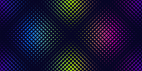 Vector seamless pattern with halftone effect. Abstract geometric background with fading lines, grid, lattice. Funky sport texture. Trendy sporty pattern. Dynamic creative design. Neon rainbow gradient