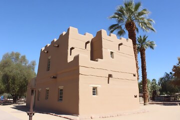 Adobe building stands against a clear sky