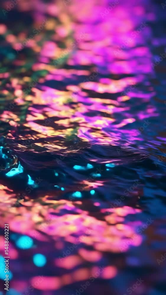 Poster flowing water captures colorful neon light reflections creating a captivating atmosphere in a serene