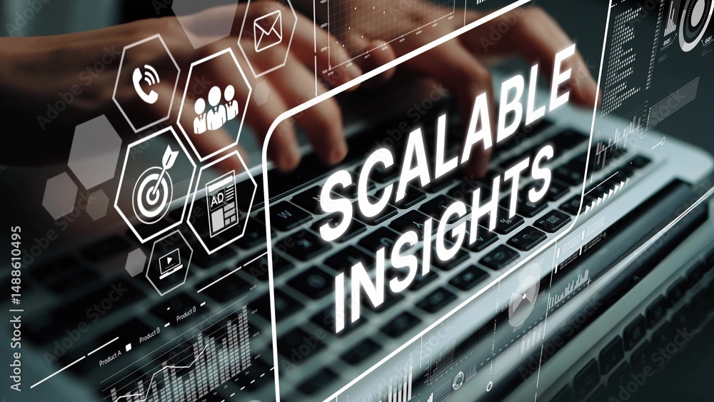 Poster Modern Digital Interface with Scalable Insights Text on Laptop Screen and Graphical Elements. Asymptotic smart data analytic.