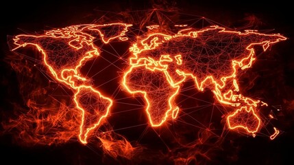 A glowing orange network represents a world map.