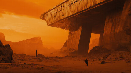 Dark Apocaliptic desert with monumental brutalist hideout, seen from the front, Generative AI
